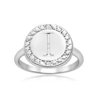 "I" Initial Diamond Pinkie Ring In Sterling Silver