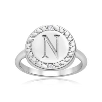 "N" Initial Diamond Pinkie Ring In Sterling Silver
