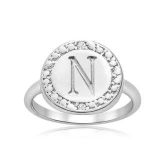"N" Initial Diamond Pinkie Ring In Sterling Silver
