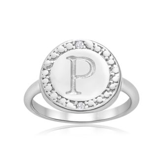 "P" Initial Diamond Pinkie Ring In Sterling Silver
