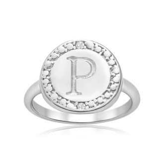 "P" Initial Diamond Pinkie Ring In Sterling Silver

