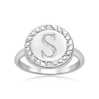 "S" Initial Diamond Pinkie Ring In Sterling Silver
