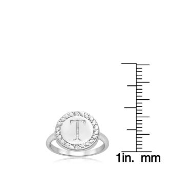 "T" Initial Diamond Pinkie Ring In Sterling Silver
