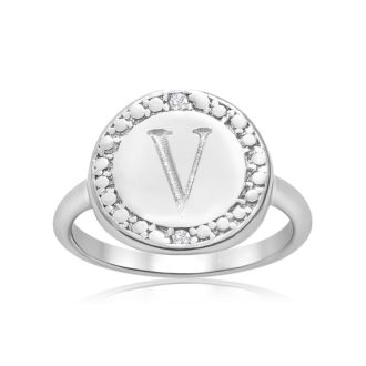 "V" Initial Diamond Pinkie Ring In Sterling Silver
