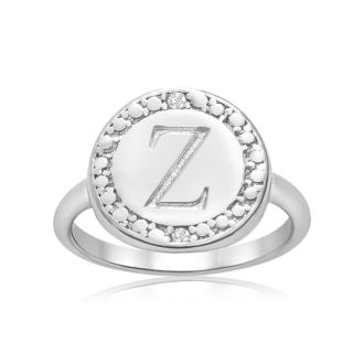 "Z" Initial Diamond Pinkie Ring In Sterling Silver

