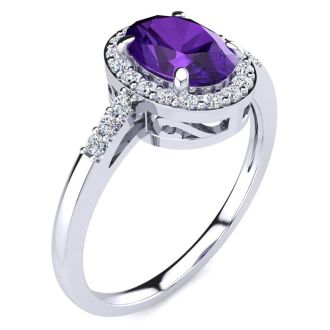 3/4 Carat Oval Shape Amethyst and Halo Diamond Ring In 14K White Gold