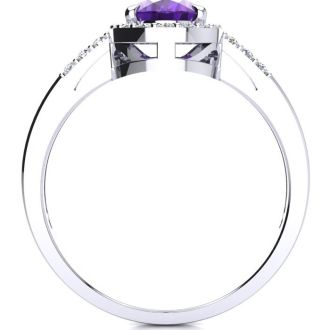 3/4 Carat Oval Shape Amethyst and Halo Diamond Ring In 14K White Gold