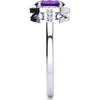 3/4 Carat Oval Shape Amethyst and Halo Diamond Ring In 14K White Gold