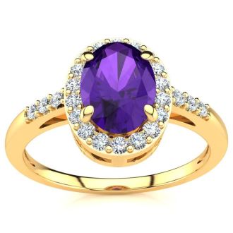 3/4 Carat Oval Shape Amethyst and Halo Diamond Ring In 14K Yellow Gold
