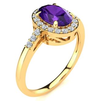 3/4 Carat Oval Shape Amethyst and Halo Diamond Ring In 14K Yellow Gold
