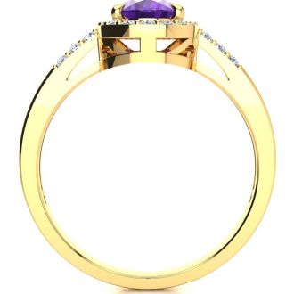 3/4 Carat Oval Shape Amethyst and Halo Diamond Ring In 14K Yellow Gold
