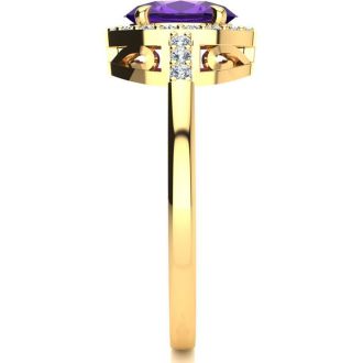 3/4 Carat Oval Shape Amethyst and Halo Diamond Ring In 14K Yellow Gold
