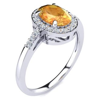 1/2 Carat Oval Shape Citrine and Halo Diamond Ring In 14K White Gold
