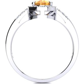 1/2 Carat Oval Shape Citrine and Halo Diamond Ring In 14K White Gold
