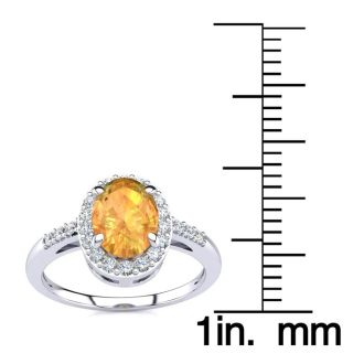 1/2 Carat Oval Shape Citrine and Halo Diamond Ring In 14K White Gold
