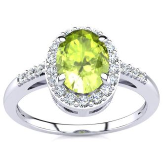 1 Carat Oval Shape Peridot and Halo Diamond Ring In 14K White Gold