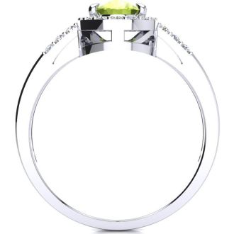 1 Carat Oval Shape Peridot and Halo Diamond Ring In 14K White Gold