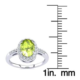 1 Carat Oval Shape Peridot and Halo Diamond Ring In 14K White Gold