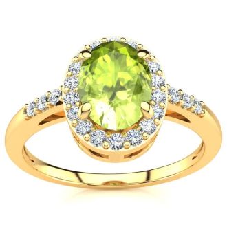 1 Carat Oval Shape Peridot and Halo Diamond Ring In 14K Yellow Gold
