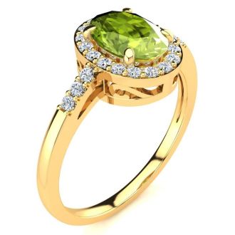 1 Carat Oval Shape Peridot and Halo Diamond Ring In 14K Yellow Gold
