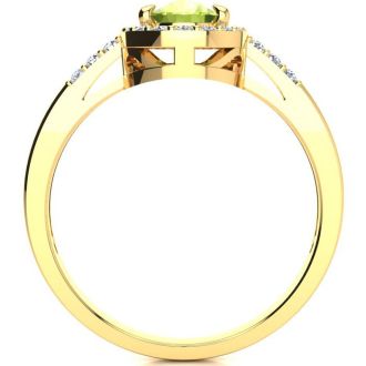 1 Carat Oval Shape Peridot and Halo Diamond Ring In 14K Yellow Gold
