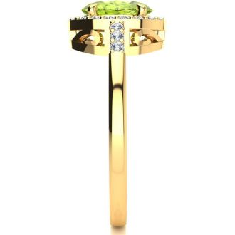 1 Carat Oval Shape Peridot and Halo Diamond Ring In 14K Yellow Gold
