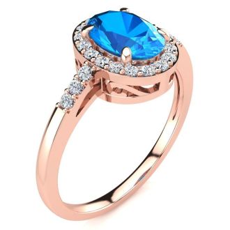 1 Carat Oval Shape Blue Topaz and Halo Diamond Ring In 14K Rose Gold