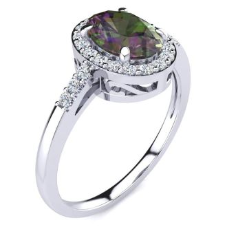 3/4 Carat Oval Shape Mystic Topaz Ring With Diamond Halo In 14 Karat White Gold