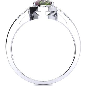 3/4 Carat Oval Shape Mystic Topaz Ring With Diamond Halo In 14 Karat White Gold