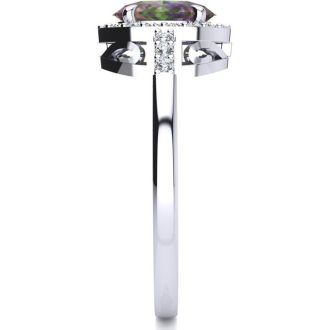 3/4 Carat Oval Shape Mystic Topaz Ring With Diamond Halo In 14 Karat White Gold
