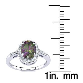 3/4 Carat Oval Shape Mystic Topaz Ring With Diamond Halo In 14 Karat White Gold