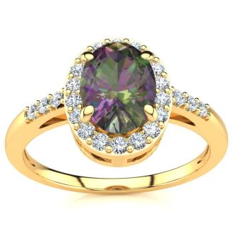 3/4 Carat Oval Shape Mystic Topaz and Halo Diamond Ring In 14K Yellow Gold