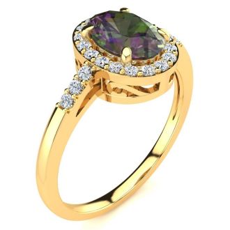 3/4 Carat Oval Shape Mystic Topaz Ring With Diamond Halo In 14 Karat Yellow Gold