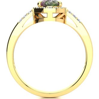 3/4 Carat Oval Shape Mystic Topaz Ring With Diamond Halo In 14 Karat Yellow Gold