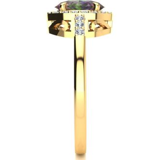 3/4 Carat Oval Shape Mystic Topaz Ring With Diamond Halo In 14 Karat Yellow Gold
