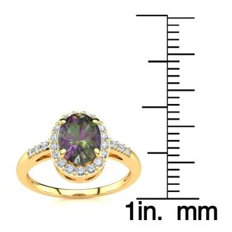 3/4 Carat Oval Shape Mystic Topaz Ring With Diamond Halo In 14 Karat Yellow Gold