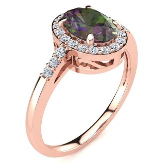 3/4 Carat Oval Shape Mystic Topaz and Halo Diamond Ring In 14K Rose Gold