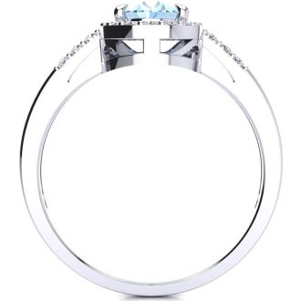 Aquamarine Ring: Aquamarine Jewelry: 1 Carat Oval Shape Aquamarine and Halo Diamond Ring In 14K White Gold