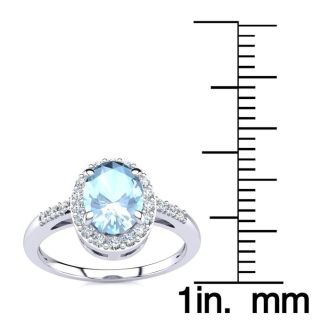 Aquamarine Ring: Aquamarine Jewelry: 1 Carat Oval Shape Aquamarine and Halo Diamond Ring In 14K White Gold