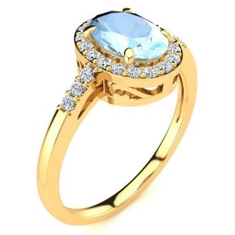 Aquamarine Ring: Aquamarine Jewelry: 1 Carat Oval Shape Aquamarine and Halo Diamond Ring In 14K Yellow Gold