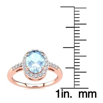 Aquamarine Ring: Aquamarine Jewelry: 1 Carat Oval Shape Aquamarine and Halo Diamond Ring In 14K Rose Gold