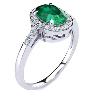 1 Carat Oval Shape Emerald and Halo Diamond Ring In 14K White Gold