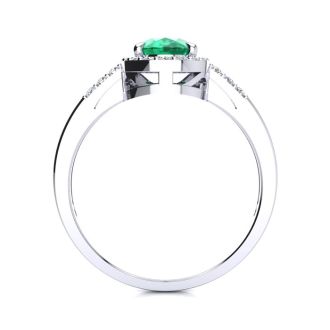 1 Carat Oval Shape Emerald and Halo Diamond Ring In 14K White Gold