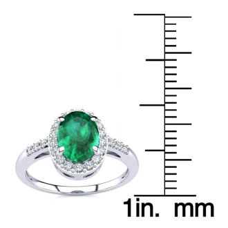 1 Carat Oval Shape Emerald and Halo Diamond Ring In 14K White Gold