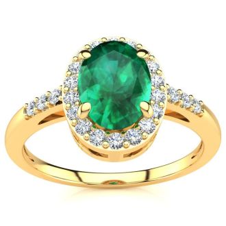 1 Carat Oval Shape Emerald and Halo Diamond Ring In 14K Yellow Gold