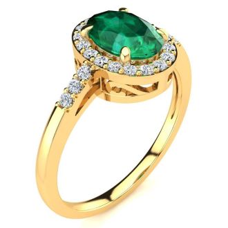 1 Carat Oval Shape Emerald and Halo Diamond Ring In 14K Yellow Gold