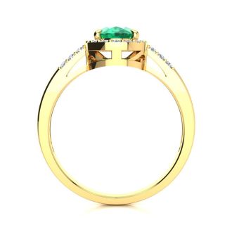 1 Carat Oval Shape Emerald and Halo Diamond Ring In 14K Yellow Gold