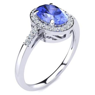 1 Carat Oval Shape Tanzanite and Halo Diamond Ring In 14K White Gold