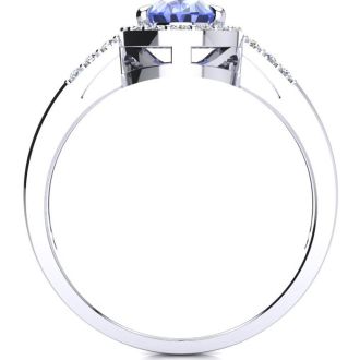 1 Carat Oval Shape Tanzanite and Halo Diamond Ring In 14K White Gold