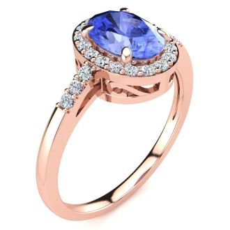 1 Carat Oval Shape Tanzanite and Halo Diamond Ring In 14K Rose Gold